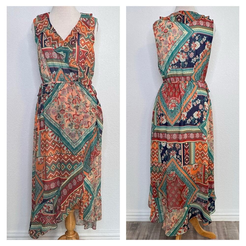 Reba Womens Southwest Sleeveless Midi Hi Lo Dress Size S Colorful Western Chic